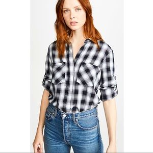 Bella Dahl Plaid Frayed Hem Button Down Shimmer Stargazer Flannel Blouse